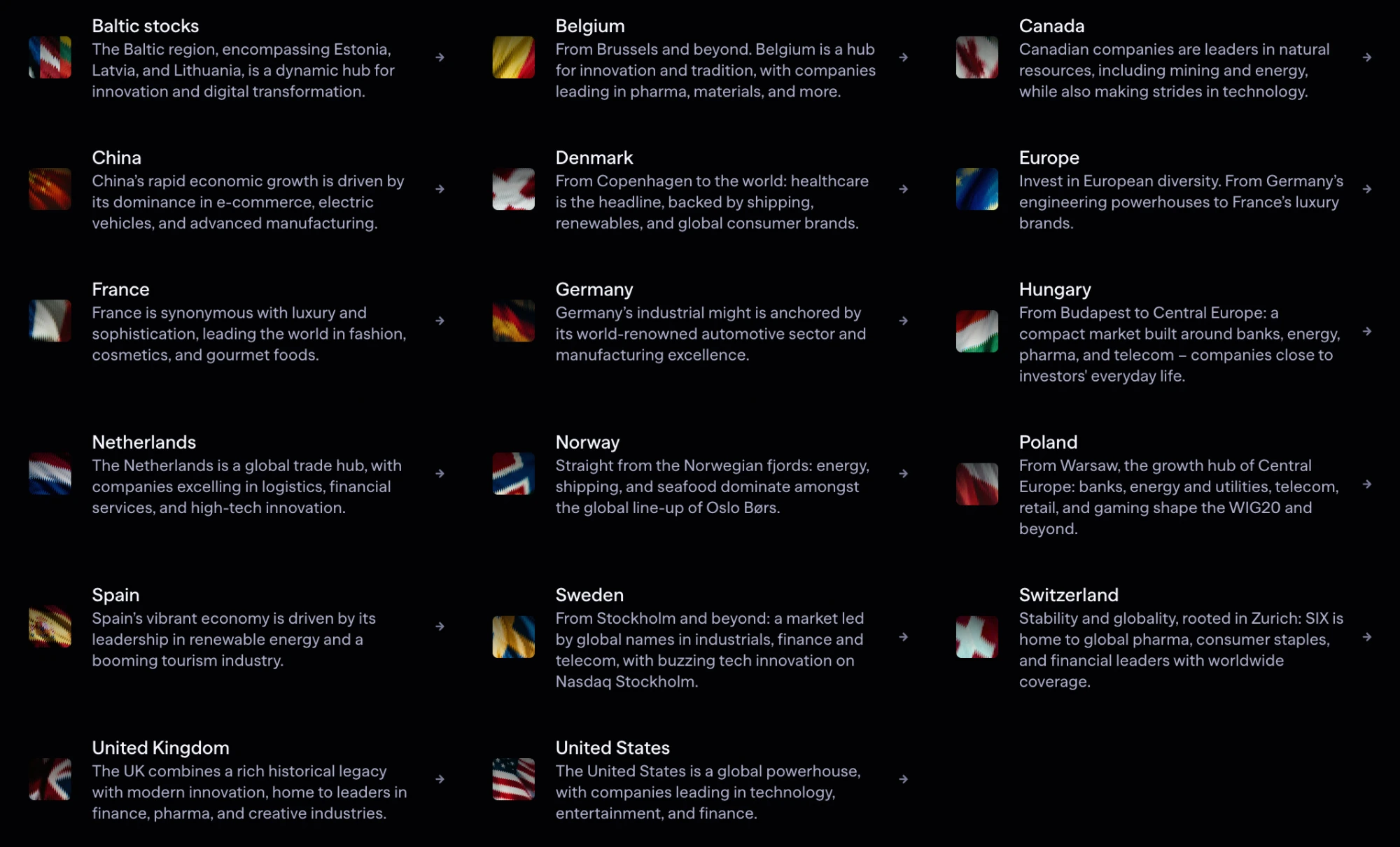 Lightyear's markets page (June 2026) — country tiles for Baltic stocks (Estonia, Latvia, Lithuania), Belgium, Canada, China, Denmark, Europe, France, Germany, Hungary, Netherlands, Norway, Poland, Spain, Sweden, Switzerland, United Kingdom and United States